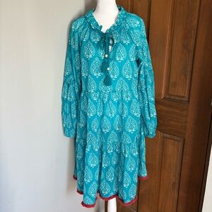 TUCKERNUCK Large Womens Cover Up Dress Tropical Teal Lantern Block Print Preppy